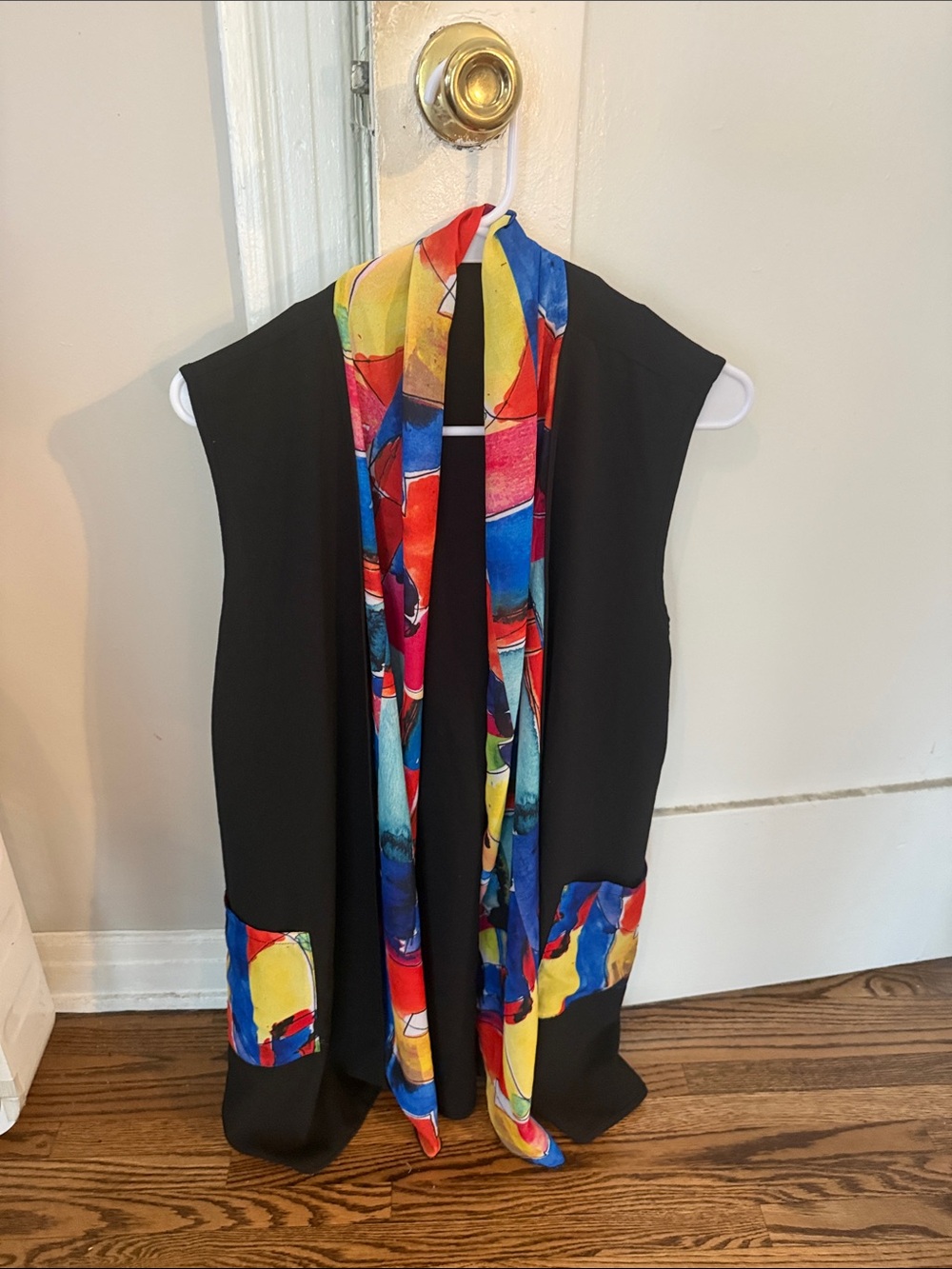 Vintage Black Vest with Multicolor Abstract Trim - Think art teacher vibes